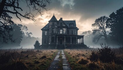 Ominous, weathered mansion in a foggy field under a gloomy sky with bare trees, creating a mysterious, haunting scene