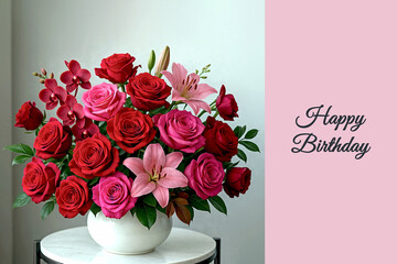 Elegant birthday floral arrangement with red and pink roses, orchids, and lilies in a white ceramic vase on a table. Stylish composition with  space for greeting or promotional text