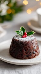 Traditional Christmas pudding with holly and powdered sugar on white plate and linen tablecloth