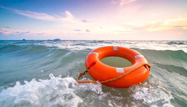 Orange life preserver bobs in ocean waves at sunset, against a pink and blue sky, symbolizing safety and tranquility