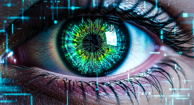 A close-up of a human eye with a digital, glowing iris and binary code overlay, symbolizing futuristic cybernetic technology.