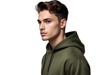 Panoramic View of Vibrant Wildflower Meadow, Colorful Spring Landscape, Isolated on T - Firefly_Three-Quarter View of Male Model in Olive Green Hoodie, Reflective Pose, Studio Mocku 