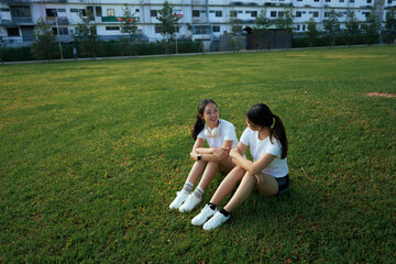 Asian friends communicating happily chatting sitting on grass