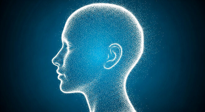 A futuristic profile of a human head made from glowing dots, symbolizing data, AI, and digital transformation in tech.