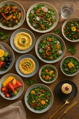  Elegant Vegan Feast on Rustic Wooden Table,Beautifully Decorated Vegan Dishes with Fresh Ingredients,generative ai
