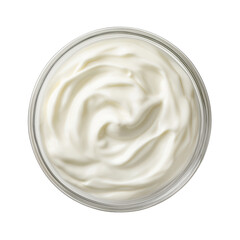 Swirled white yogurt or cream in glass bowl, top view