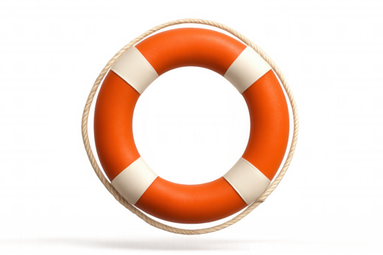 Orange lifebuoy with white stripes and rope detail, providing a crucial safety and rescue concept. Transparent background