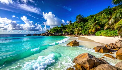 Pristine tropical beach turquoise water, white sand, lush greenery, scattered rocks and bright blue sky with clouds