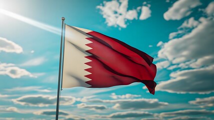 Qatar national flag waving in the wind with blue sky and clouds background
