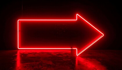 Red neon arrow on a dark floor reflects bright light; pointing right with a dark background offering stark contrast