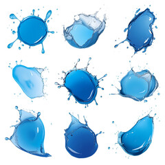 Collection of blue water splashes isolated on transparent background