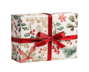 Christmas gift box wrapped in holly patterned paper