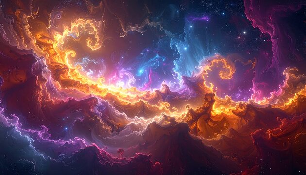 Vibrant nebulous clouds swirl with bright oranges, pinks, and purples amidst twinkling stars in a cosmic scene