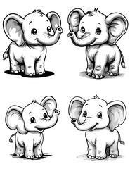Cute baby elephant sketches set, whimsical monochrome animal illustrations for children’s books, nursery decor, and playful branding projects. isolated on transparent background