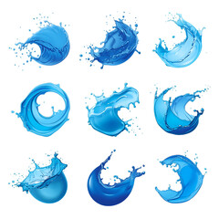 Collection of blue water splashes isolated on transparent background