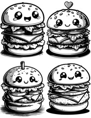 Cute Kawaii Burger Set, Black and White Cartoon Food Icons for Restaurant Menus, Packaging, and Children’s Illustration. isolated on transparent background