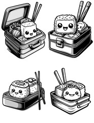 Cute sushi roll characters packed for travel, whimsical black and white vector illustration for food branding and restaurant graphics. isolated on transparent background