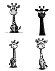 Cute cartoon giraffe set in black and white, ideal for children’s illustrations, branding, and playful graphic design projects. isolated on transparent background
