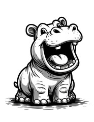 Playful cartoon hippo character, black and white sketch, ideal for children’s books, branding, and whimsical graphic design projects. isolated on transparent background