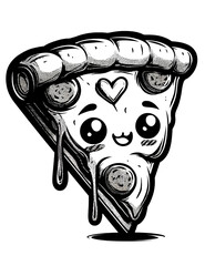 Cute pizza slice character with expressive face, black and white sketch, ideal for food branding, menus, and playful designs. isolated on transparent background