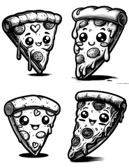 Kawaii Pizza Slice Characters Set - Cute Black and White Food Illustrations for Restaurant Menus, Stickers, and Merchandise. isolated on transparent background