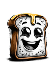 Cute cartoon slice of toast with dripping honey, cheerful face, breakfast food illustration for kids, branding, and packaging design. isolated on transparent background