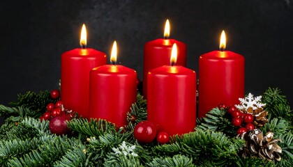 Five red candles lit atop a green wreath, adorned with berries and pinecones, against a dark, textured background