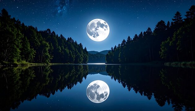 Full moon reflects on calm lake water surrounded by forested hills under a starry night sky