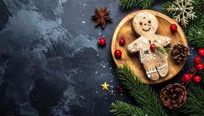 Gingerbread person on a wooden plate with pine needles and decorations on a textured, dark background