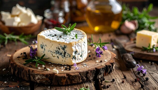 Cheese wheel with blue veins on wood, rosemary garnish. Rustic arrangement with other cheeses & herbs in the background