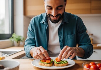 Smiling man preparing healthy avocado toast in a modern kitchen. Person making a nutritious vegetarian breakfast. Healthy eating and lifestyle concept