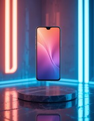  A futuristic smartphone mockup levitating above a reflective surface with soft neon lighting and a premium edge-to-edge display. Generative AI