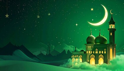 Green hued mosque against night sky, crescent moon, and stars, enveloped in soft clouds