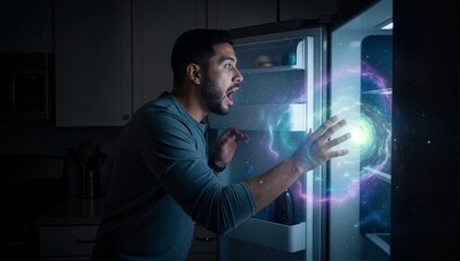 Fototapeta premium A shocked man discovers a galaxy inside his refrigerator at night. Surreal fantasy concept of a cosmic portal in a domestic kitchen