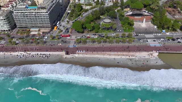 Aerial view of Nice, the capital of the Alpes-Maritimes on the French Riviera, Cote D AZur. Old Town, English Promenade.