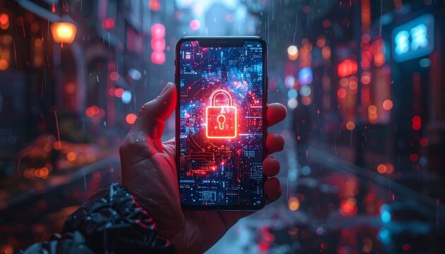 Hand holds phone displaying a neon padlock icon, city street background blurred with bokeh lights in the rain