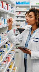 Female pharmacist checking medicine inventory on pharmacy shelves using digital tablet. Concept of healthcare, pharmacy management and professional service
