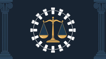 Illustration of scales of justice surrounded by gears and columns on a dark blue background