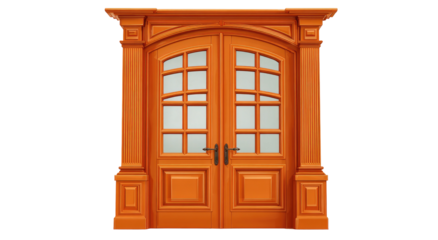 Ornate, double-door entryway.  Rich, orange wood