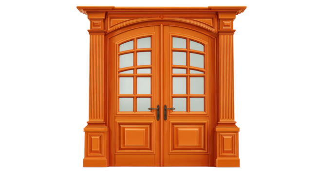 Ornate, double-door entryway.  Rich, orange wood