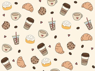 Cute coffee time hand drawing design seamless pattern cliparts elements