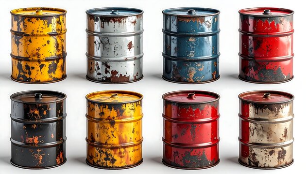 Collection of eight old metal drums with peeling paint in various colors, arranged in two rows on a white background - Powered by Adobe