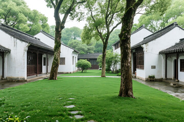 A traditional Chinese courtyard with well-maintained green lawn and tall trees, showcasing classic architectural style.