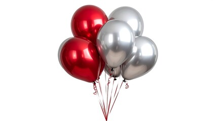 A bunch of metallic balloons in red and silver hues are tied together against a bright, clean white backdrop