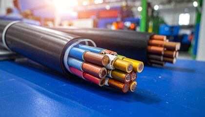 Large electrical cables with colorful wires inside, laying on a bright blue surface in an industrial setting