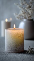 Softly Glowing Decorative Candle with Matte Finish Set Against a Subtle Background Featuring Soft Floral Accents for a Cozy Ambiance