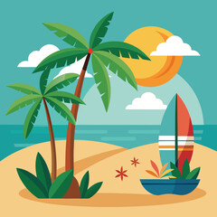Flat vector illustration of a tropical beach with palm trees ocean and clear sky