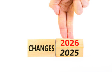 2026 Changes symbol. Concept words 2026 Changes on beautiful wooden blocks. Beautiful white paper background. Businessman's hand. Business and 2026 changes concept. Copy space.