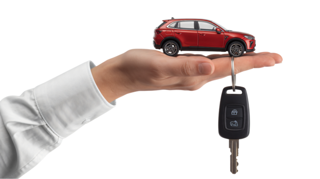 Own the Road Red Car Model and Keys in Hand ready to drive, offering freedom and adventure, perfect for automotive marketing and dealership promotions