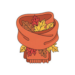 Folded Wool Scarf with Autumn Leaves Between Layers Isolated on White Background